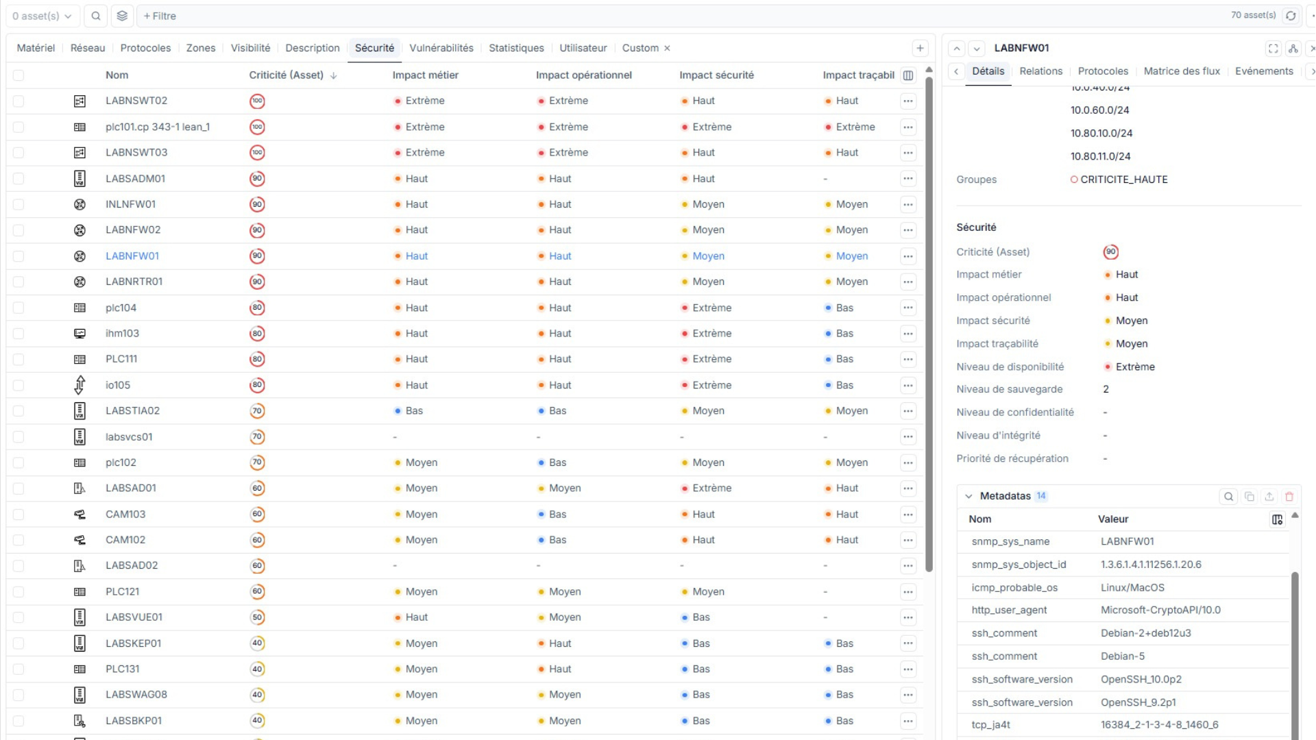 Interface Seclab Xplore qui affiche la liste des actifs identifiés par la cartographie réseau OT