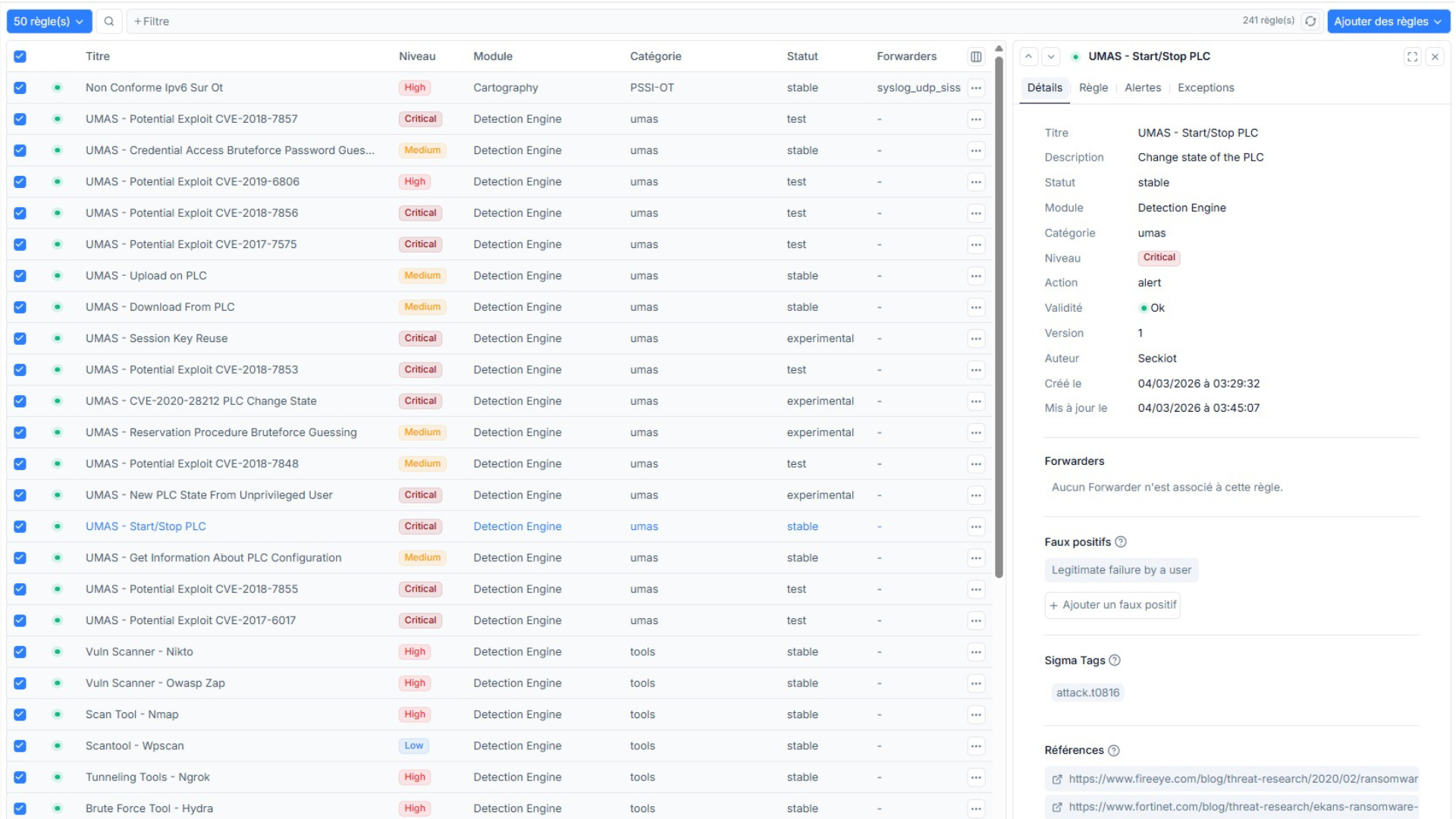 Interface Seclab Xplore qui affiche les signatures Sigma de détection OT