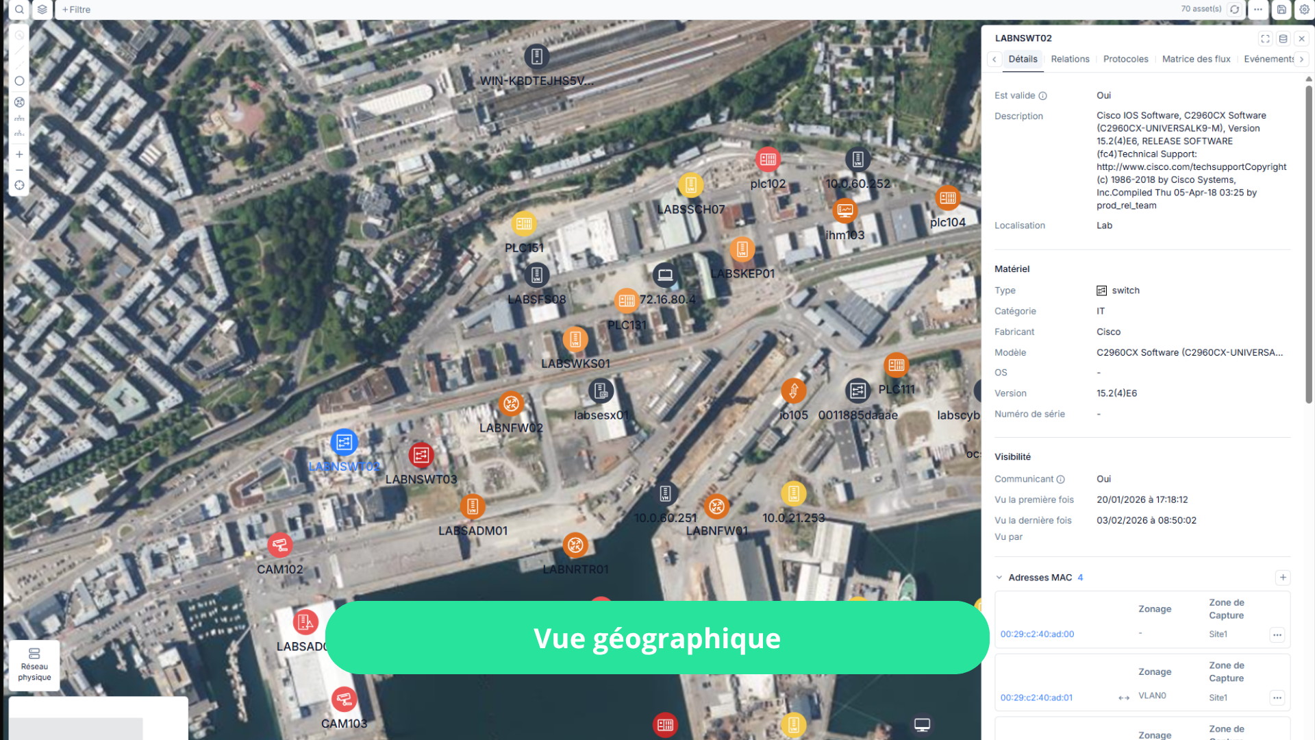 Interface Seclab Xplore qui présente la vue géographique de la cartographie réseau OT