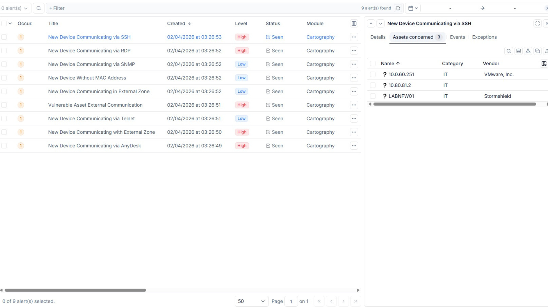 Seclab Xplore interface displaying security alerts raised by OT detection