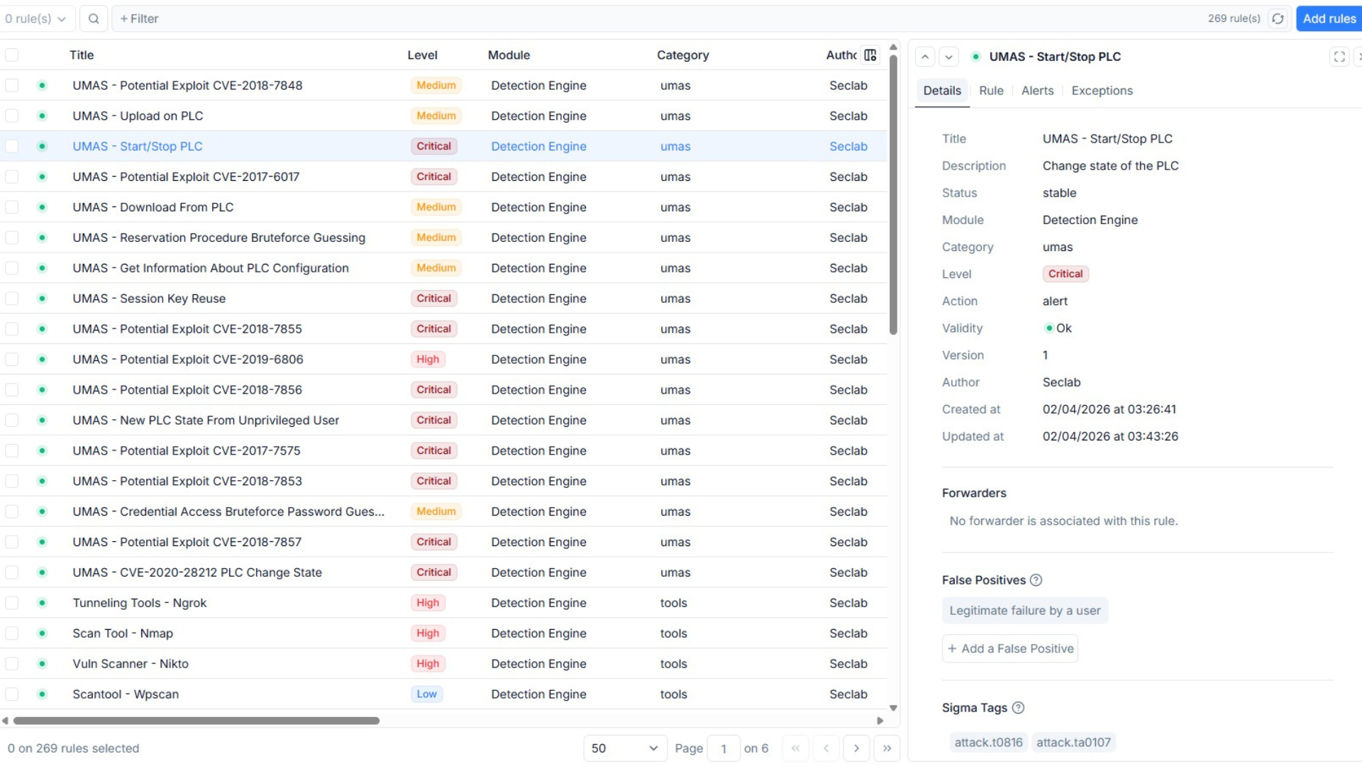 Seclab Xplore interface displaying OT detection Sigma rules