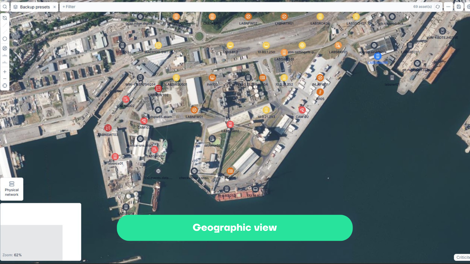 Seclab Xplore Interface that represents a geographical view for the OT Network Mapping
