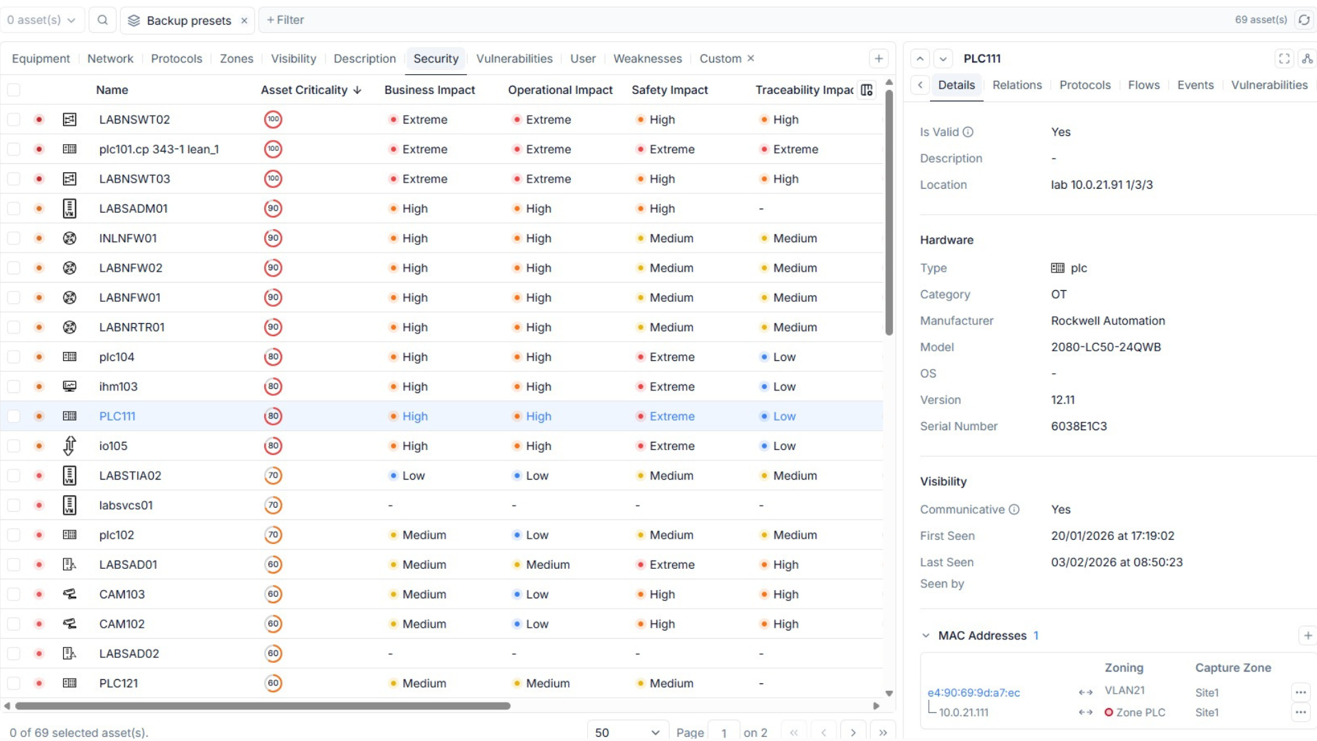 Seclab Xplore interface displaying the list of assets identified by OT network mapping