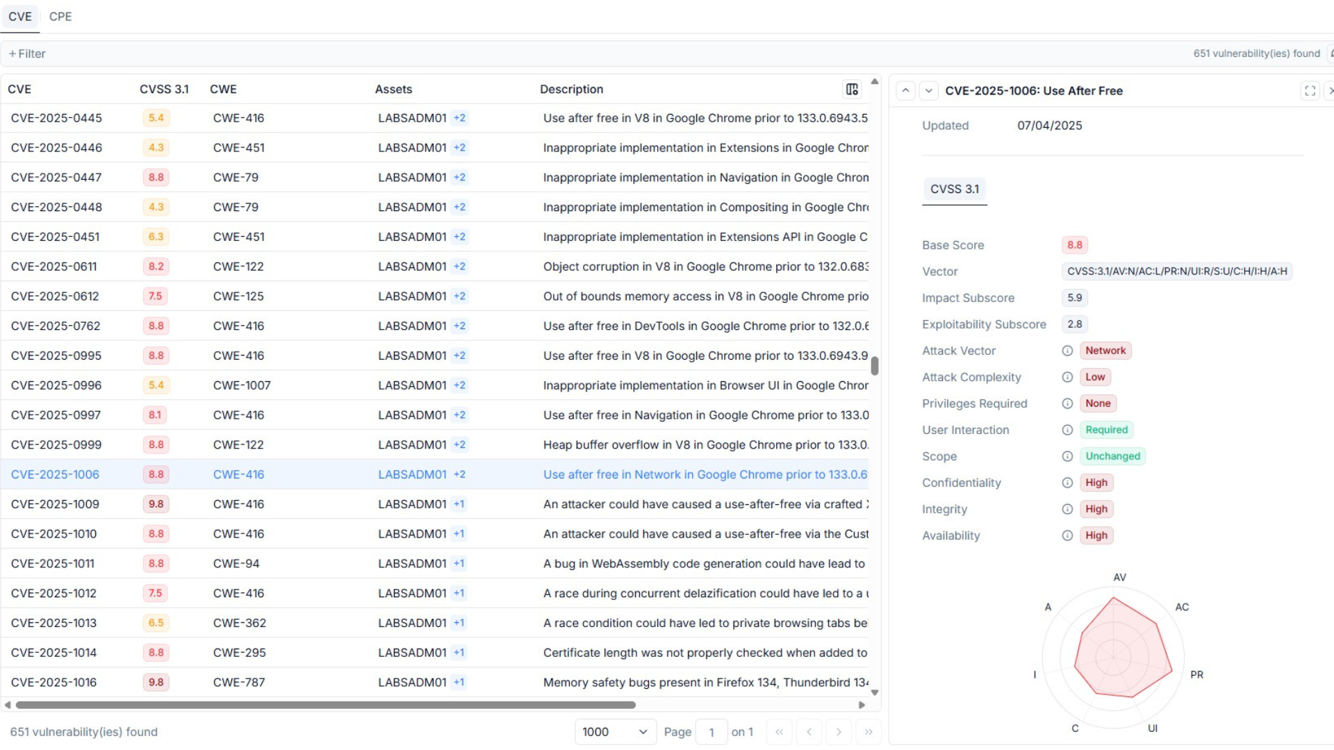 Seclab Xplore interface displaying the list of vulnerabilities identified by OT network mapping