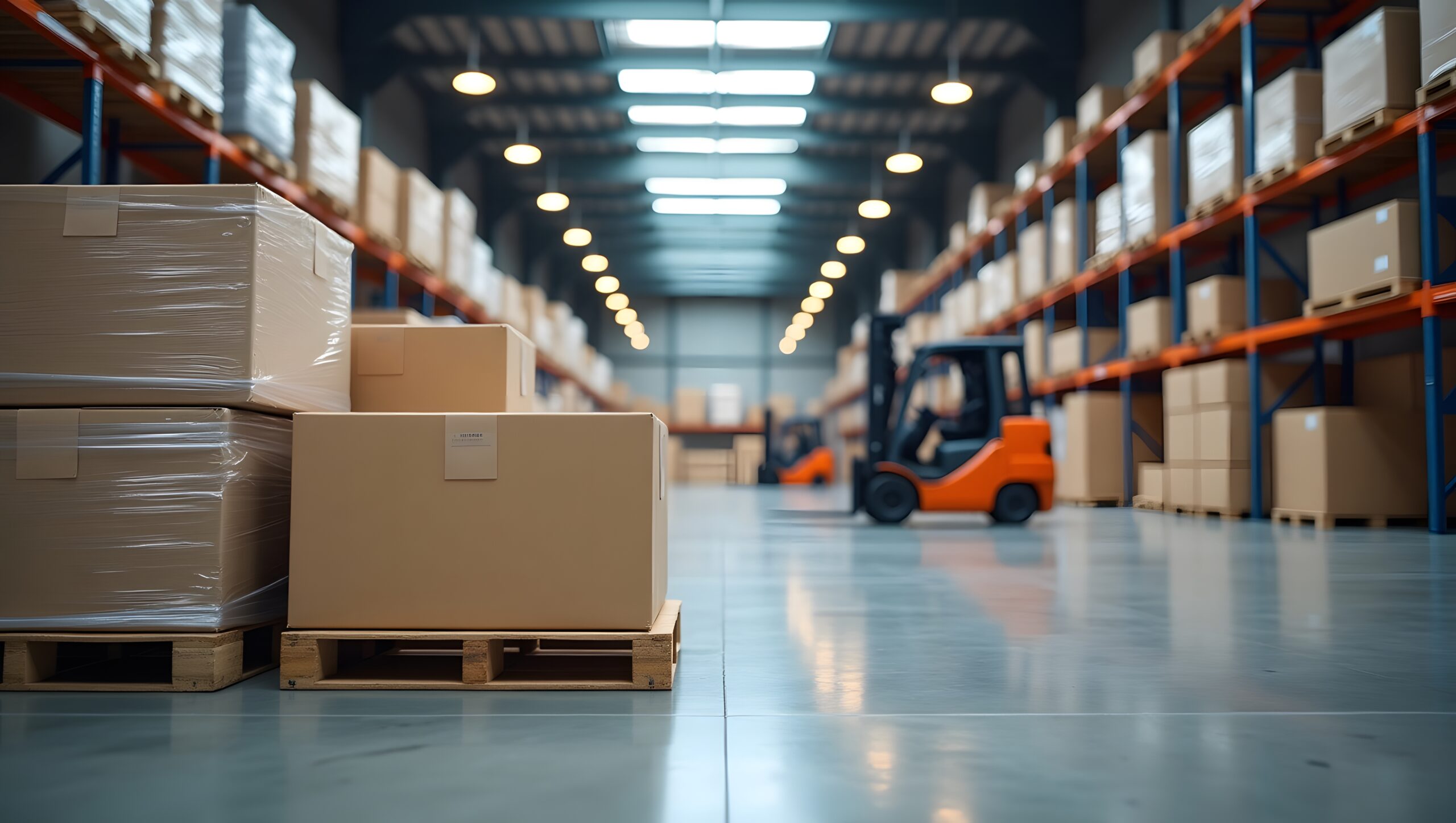 Modern Warehouse with Cardboard Boxes and Forklift in Logistics Center Domaine d'intervention : Logistique