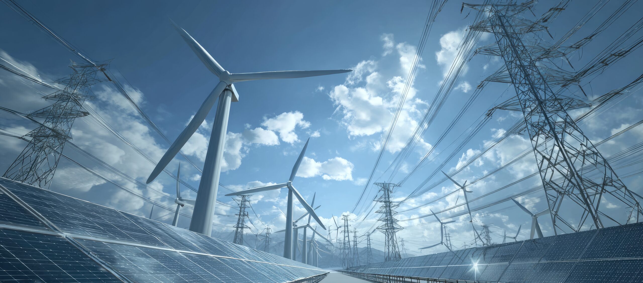 A landscape of renewable energy sources, featuring wind turbines, solar panels, and power transmission lines under a partly cloudy sky Domaine d'intervention : Energie